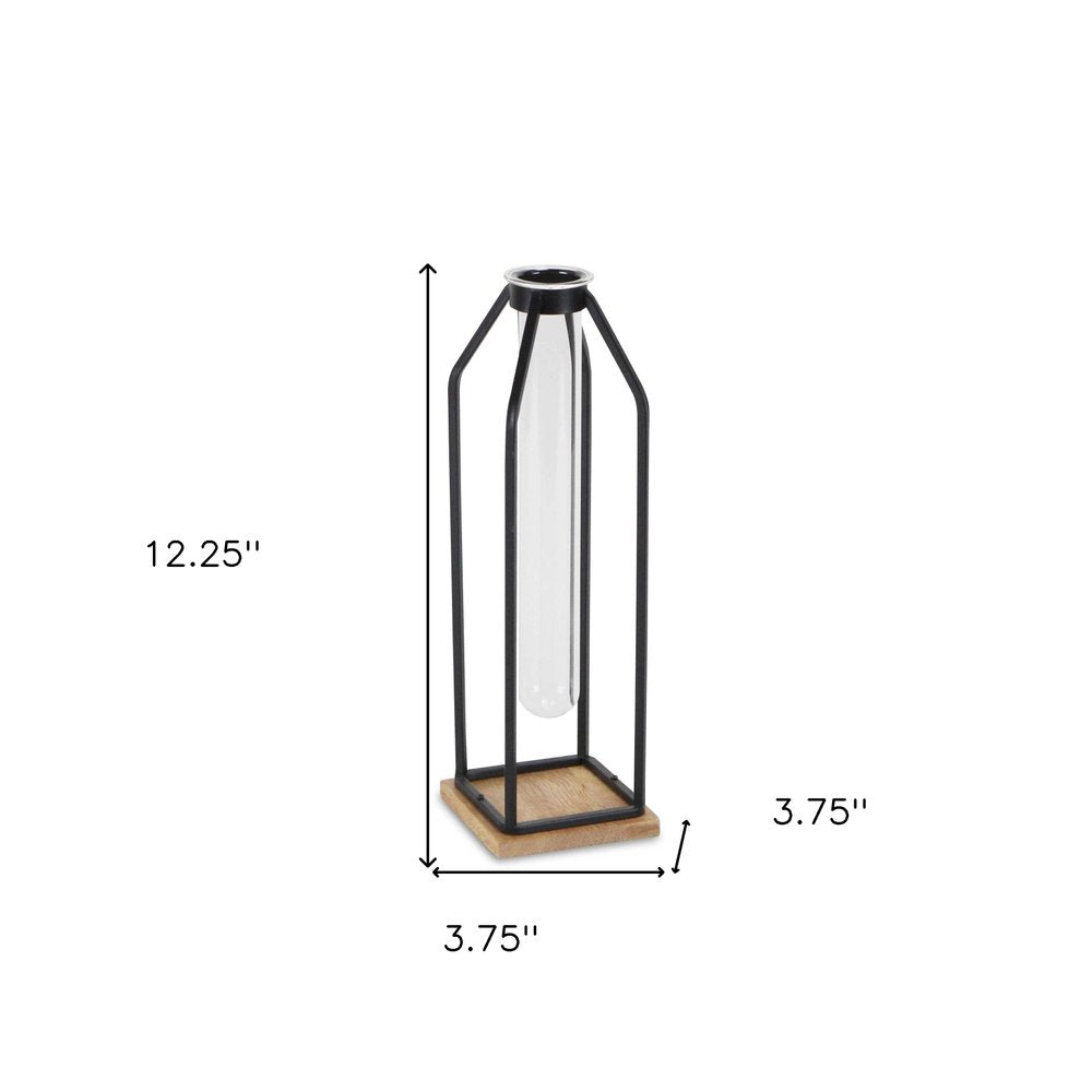 12" Black Clear And Natural Metal Glass And Wood Posy Test Tube Table Vase HomeRoots