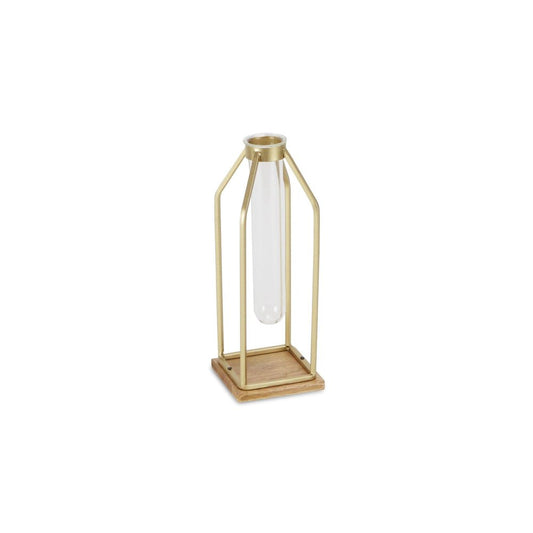 11" Gold Clear And Natural Metal Glass And Wood Test Tube Table Vase