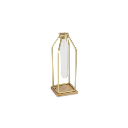 11" Gold Clear And Natural Metal Glass And Wood Test Tube Table Vase HomeRoots