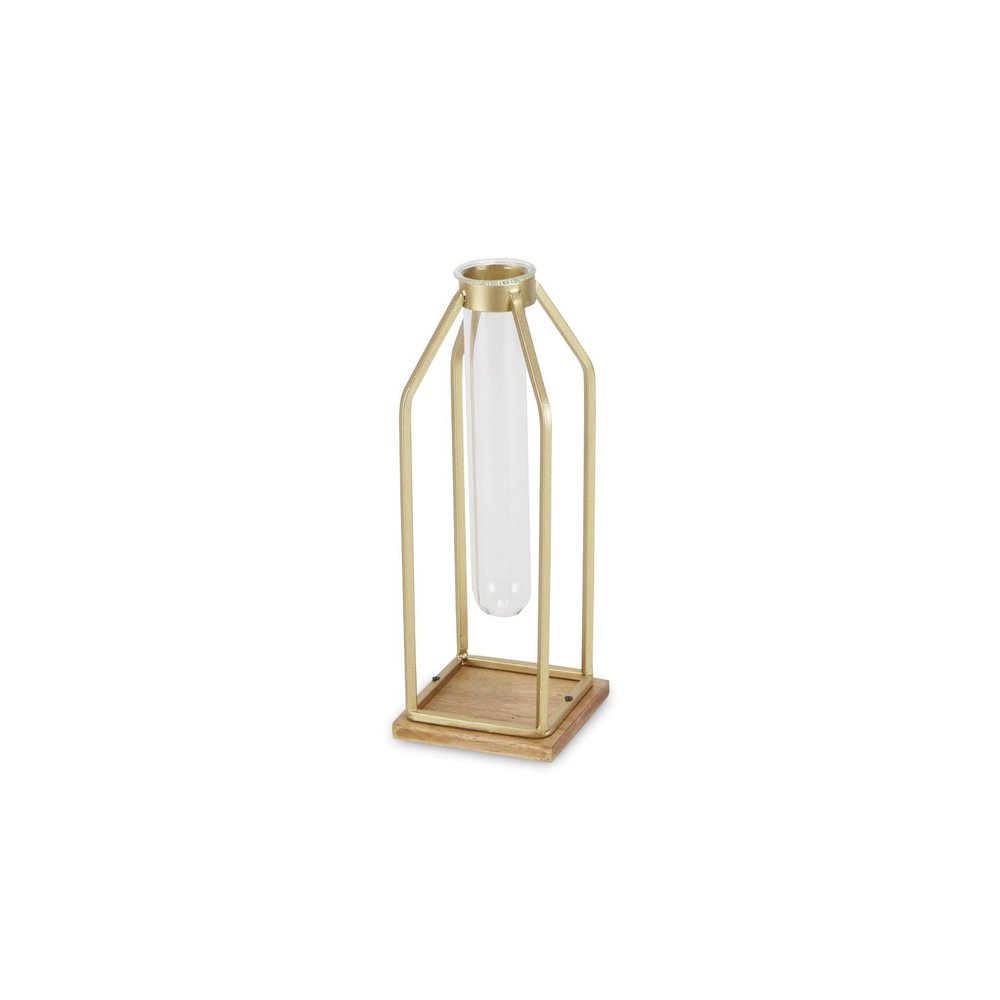 11" Gold Clear And Natural Metal Glass And Wood Test Tube Table Vase HomeRoots