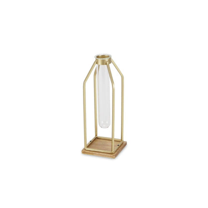 11" Gold Clear And Natural Metal Glass And Wood Test Tube Table Vase HomeRoots