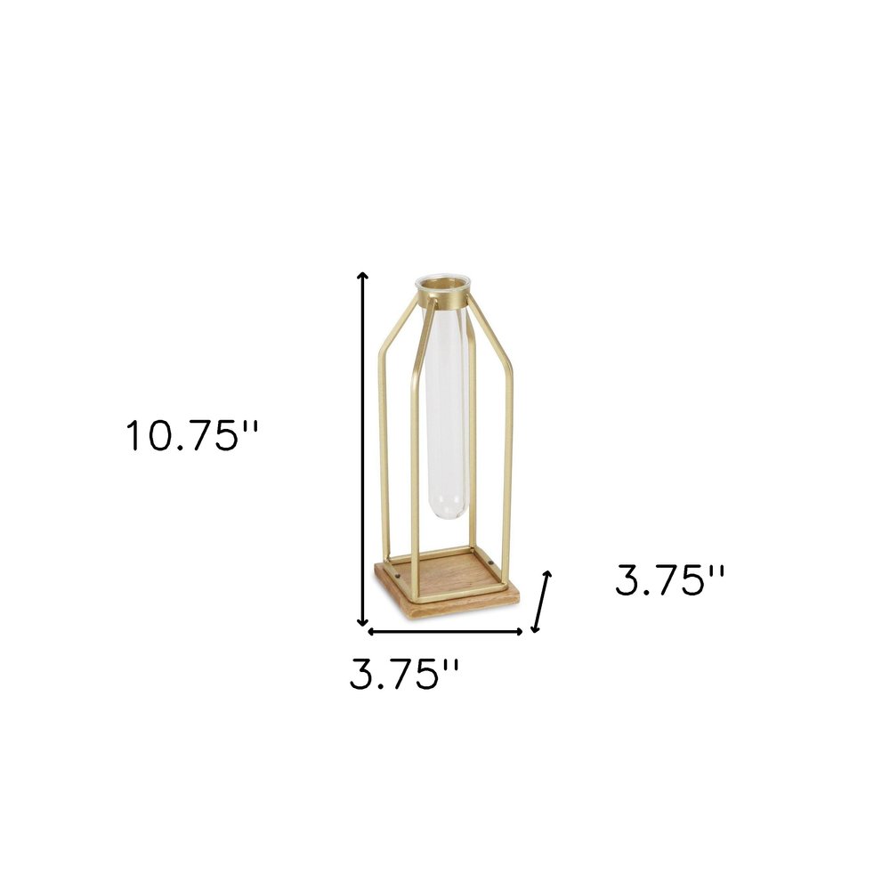 11" Gold Clear And Natural Metal Glass And Wood Test Tube Table Vase HomeRoots