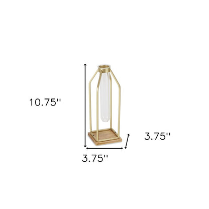 11" Gold Clear And Natural Metal Glass And Wood Test Tube Table Vase HomeRoots