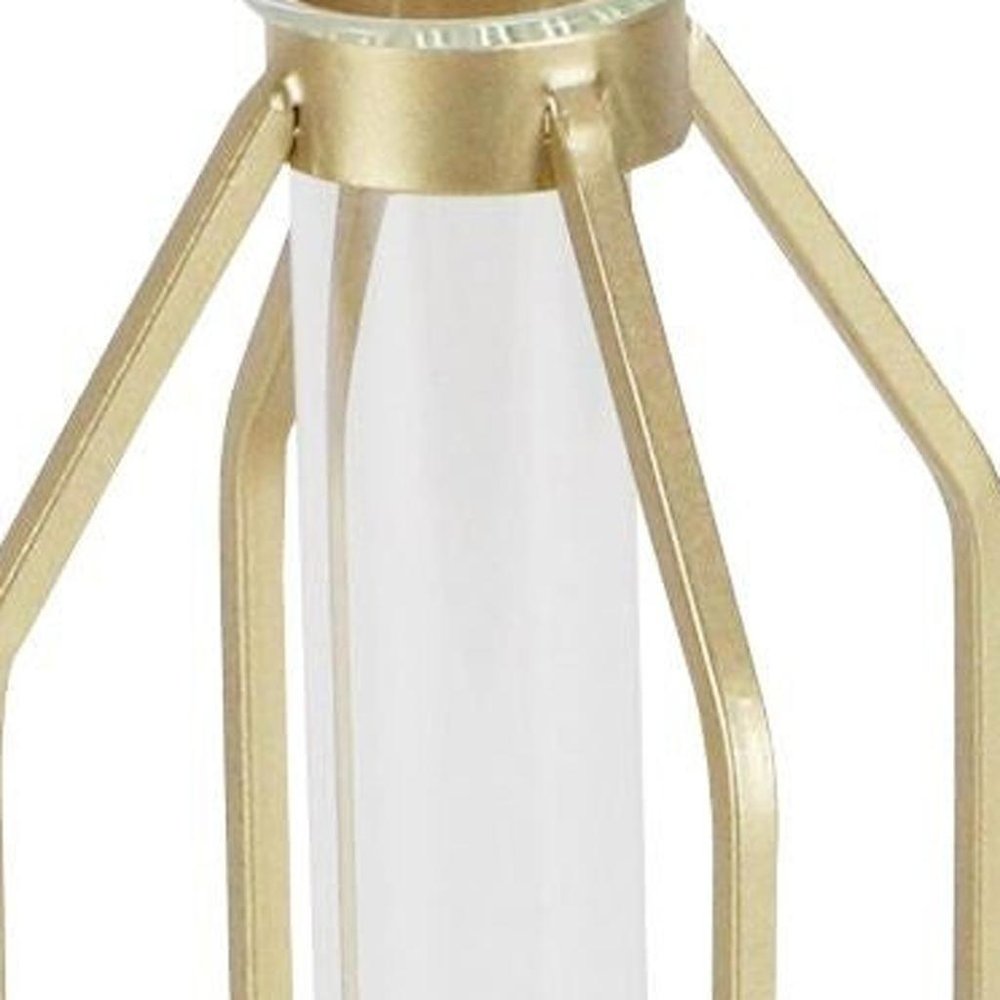 11" Gold Clear And Natural Metal Glass And Wood Test Tube Table Vase HomeRoots