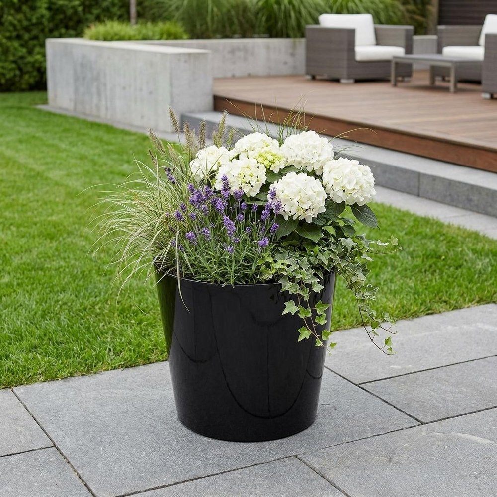 9" Black Recycled Plastic Indoor Outdoor Round Pot Planter HomeRoots
