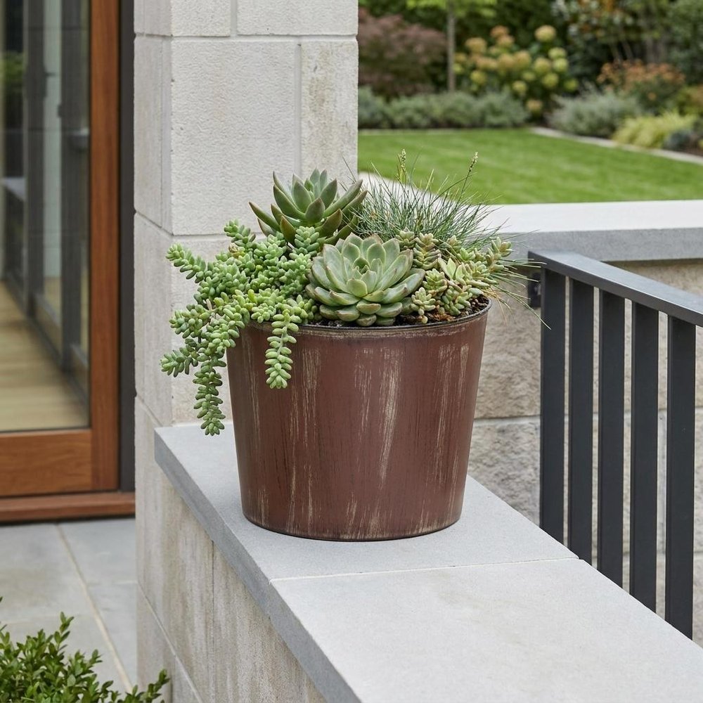 7" Brown and Ivory Textural Tone On Tone Recycled Plastic Indoor Outdoor Round Pot Planter HomeRoots