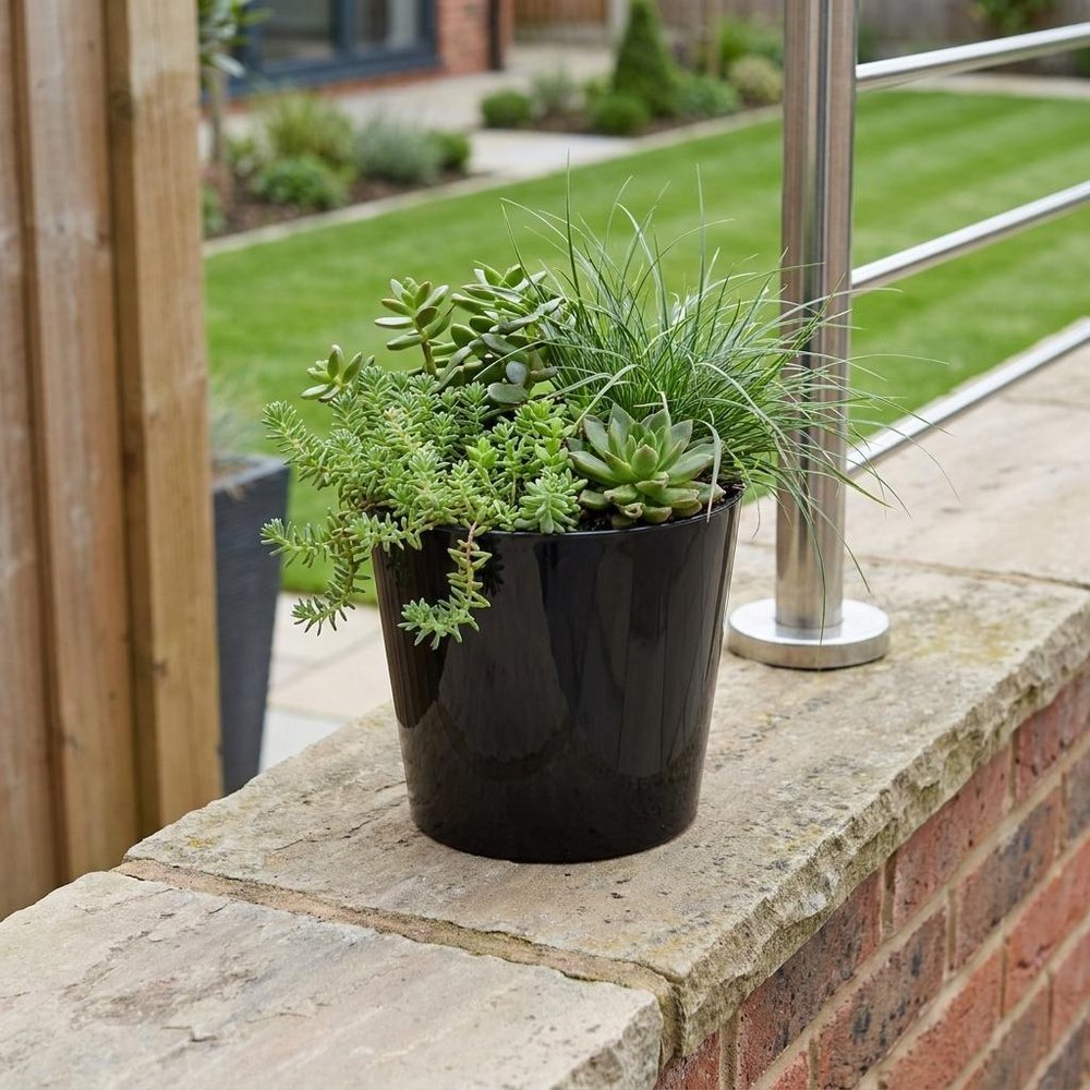 7" Black Recycled Plastic Indoor Outdoor Round Pot Planter HomeRoots