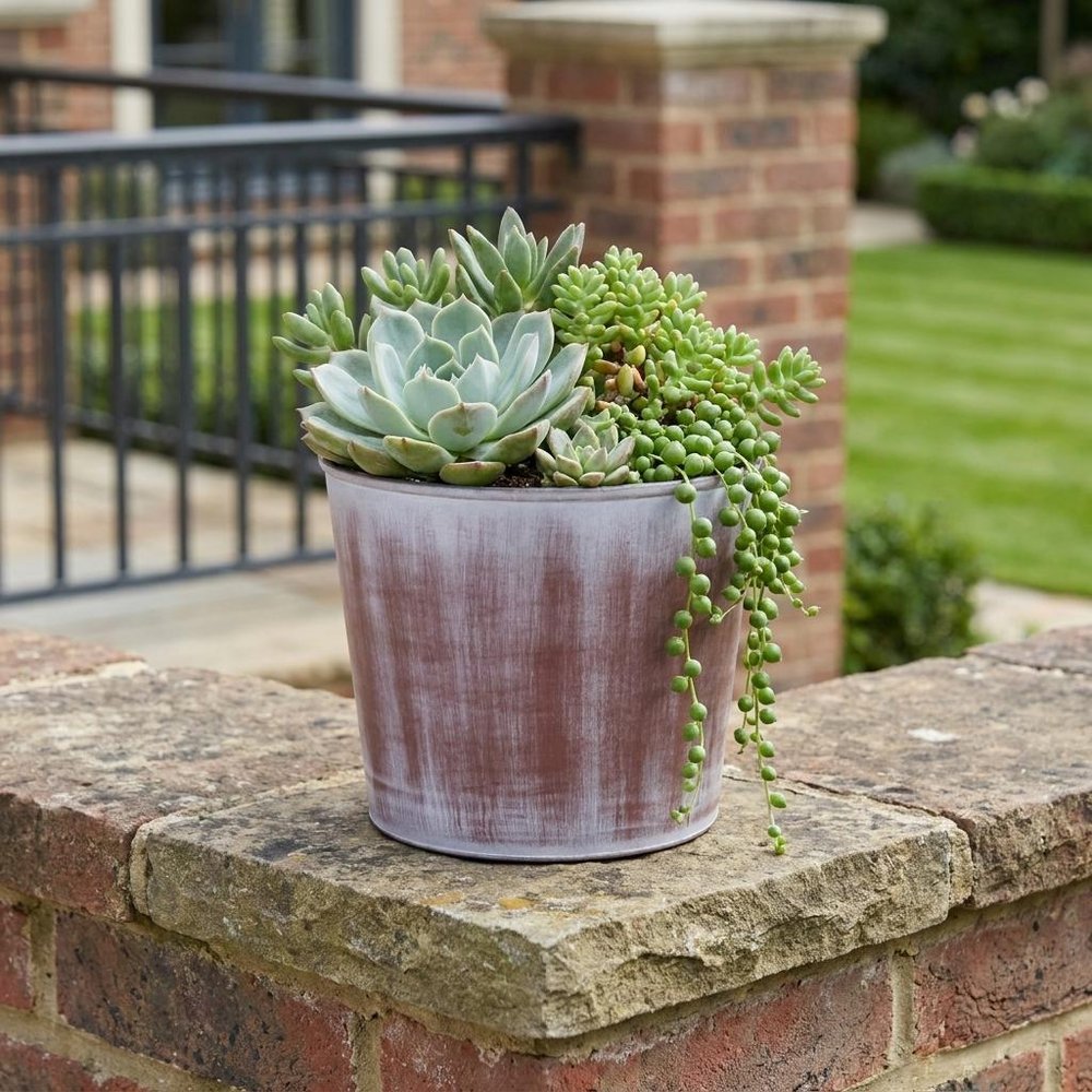 6" Brown and Ivory Textural Tone On Tone Recycled Plastic Indoor Outdoor Round Pot Planter HomeRoots