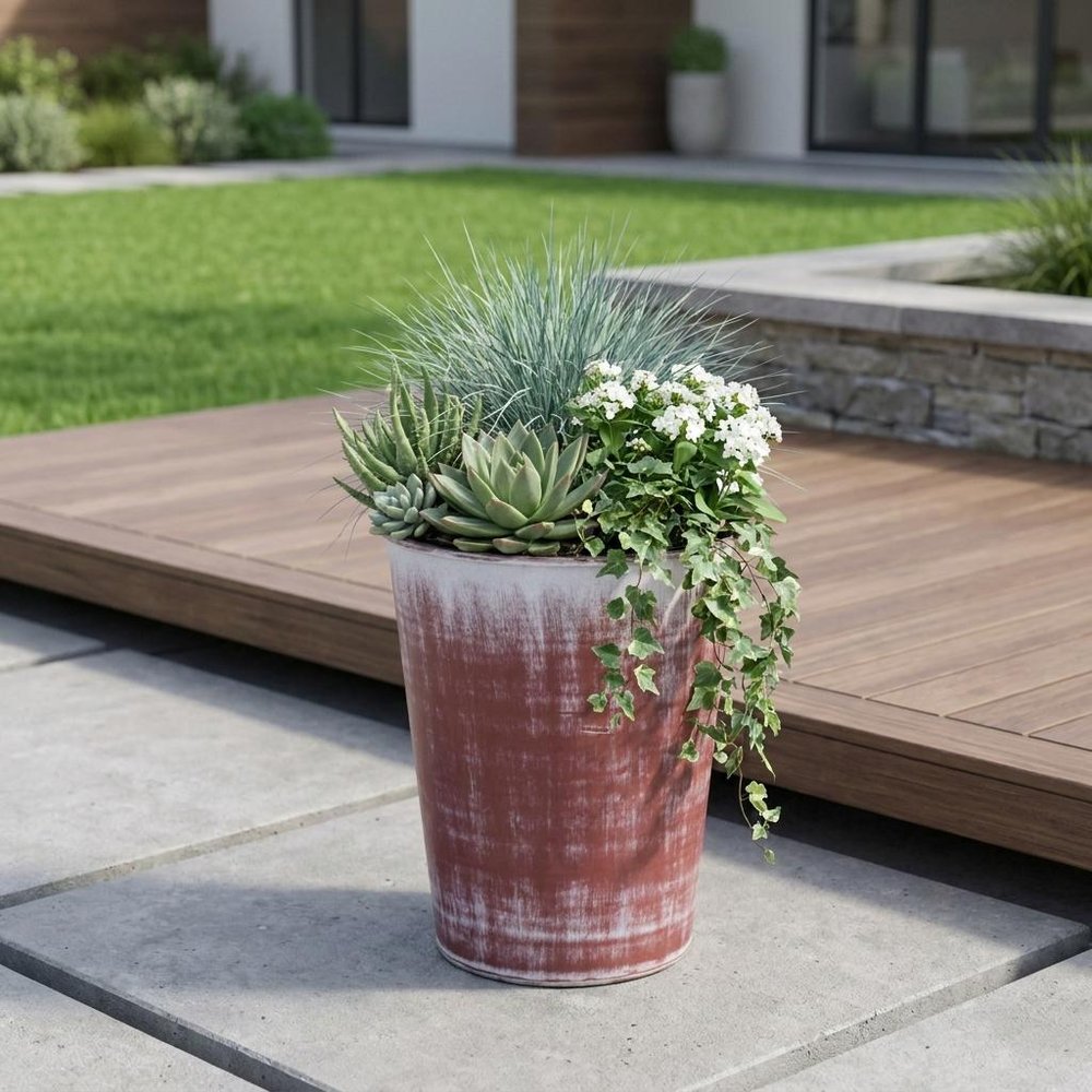 5" Brown and Ivory Textural Tone On Tone Recycled Plastic Indoor Outdoor Round Pot Planter HomeRoots
