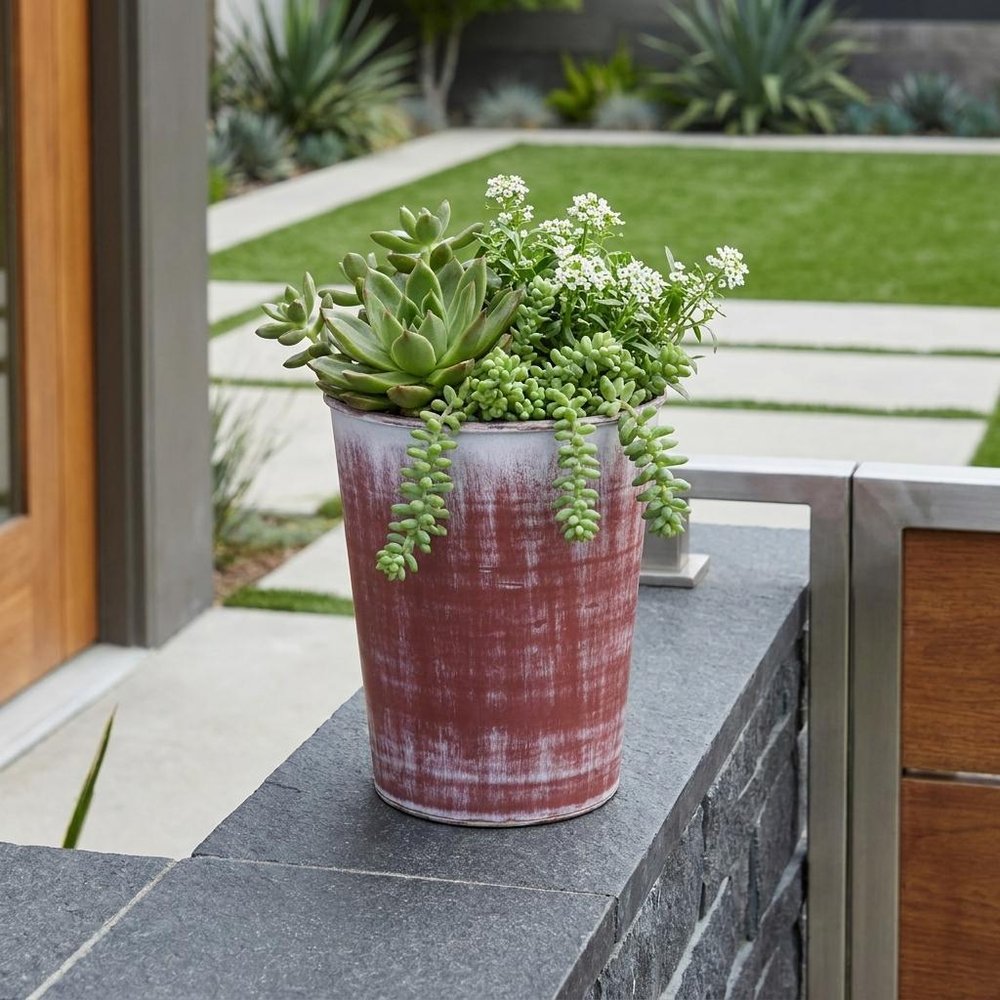 5" Brown and Ivory Textural Tone On Tone Recycled Plastic Indoor Outdoor Round Pot Planter HomeRoots