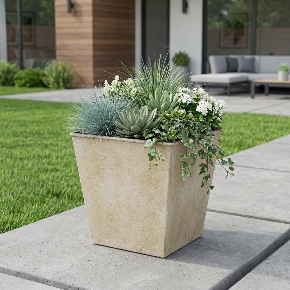 5" Cream Recycled Plastic Indoor Outdoor Square Pot Planter HomeRoots