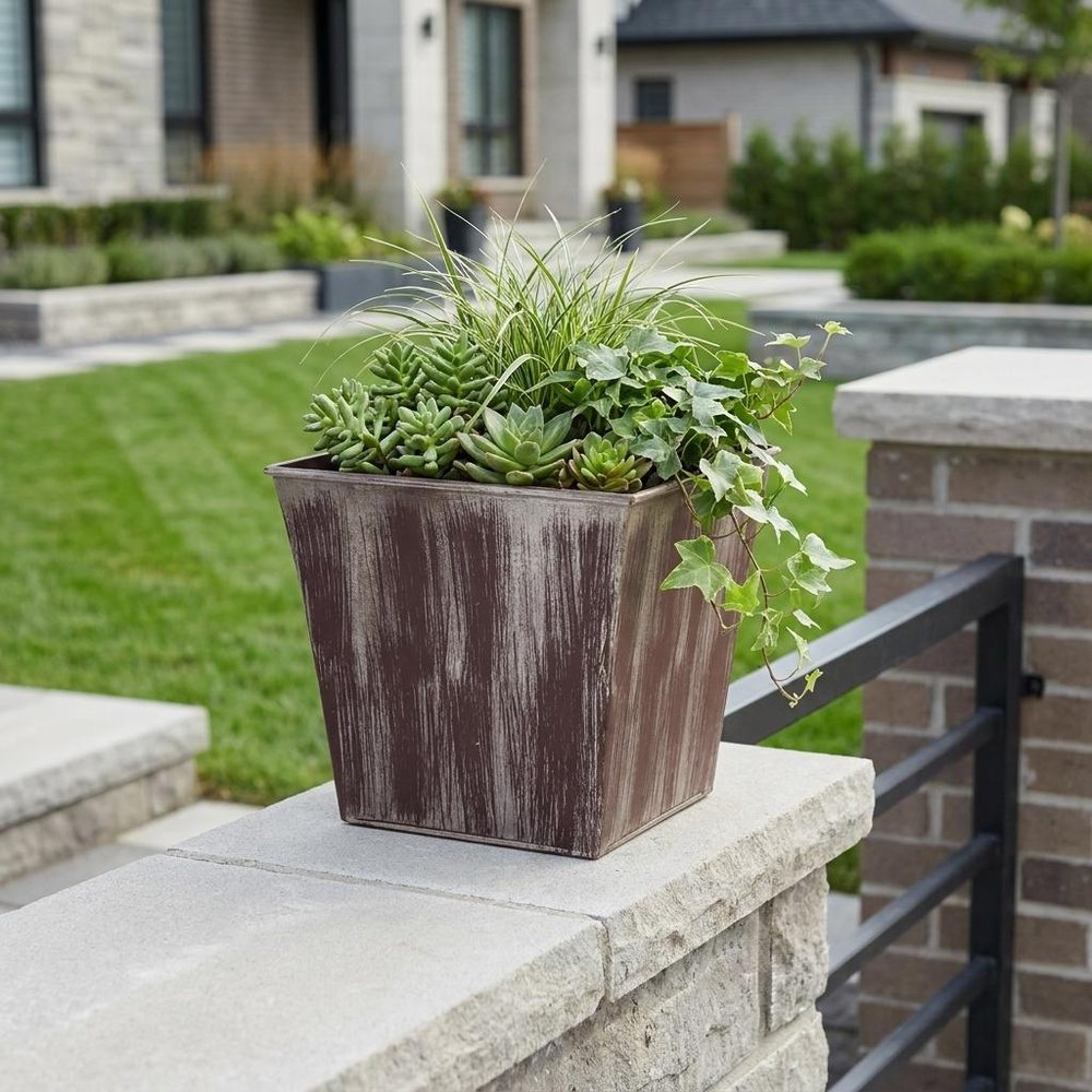 7" Brown and Ivory Textural Tone On Tone Recycled Plastic Indoor Outdoor Square Pot Planter HomeRoots