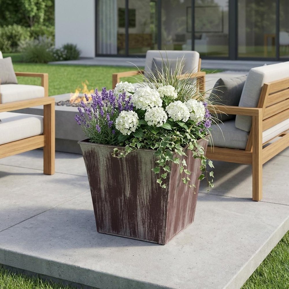 7" Brown and Ivory Textural Tone On Tone Recycled Plastic Indoor Outdoor Square Pot Planter HomeRoots