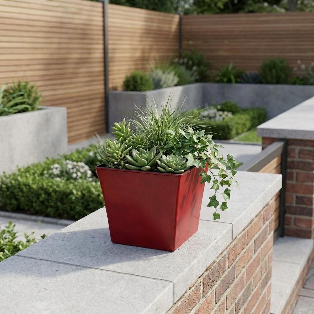 7" Red Recycled Plastic Indoor Outdoor Square Pot Planter HomeRoots