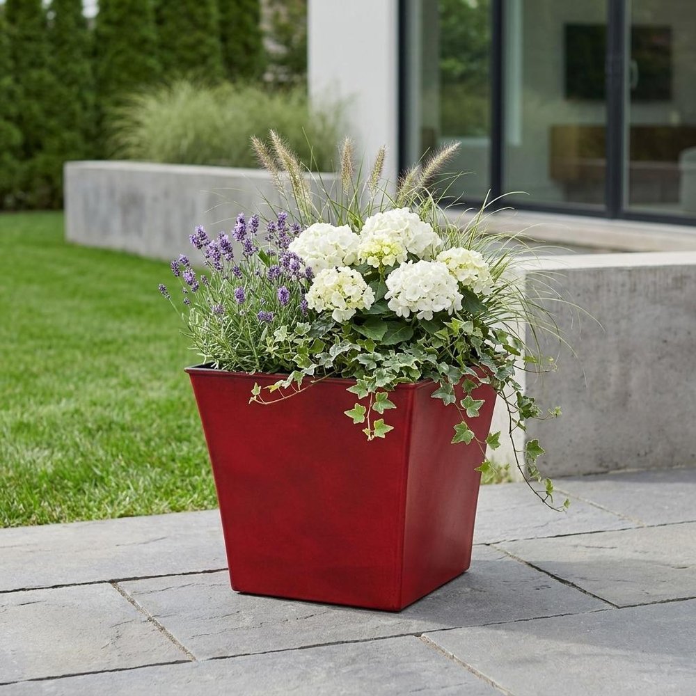 7" Red Recycled Plastic Indoor Outdoor Square Pot Planter HomeRoots