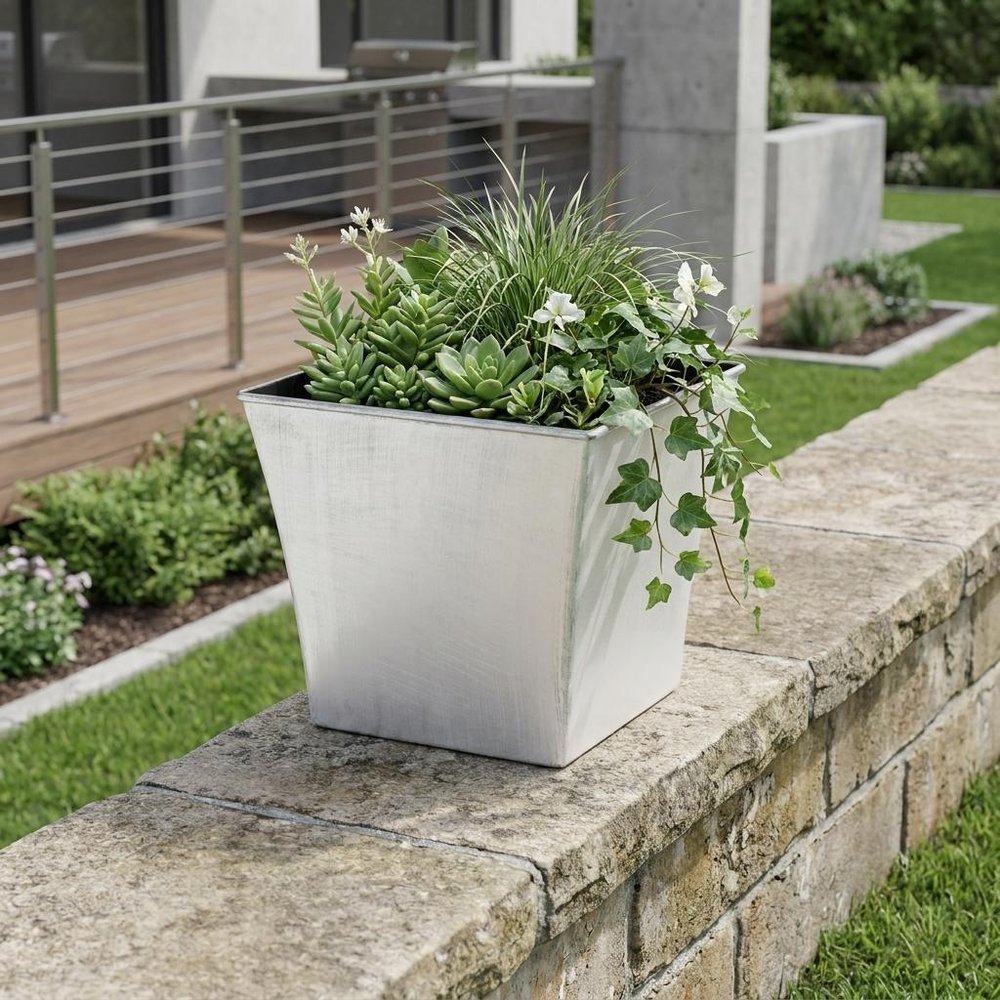 7" Silver Recycled Plastic Indoor Outdoor Square Pot Planter HomeRoots