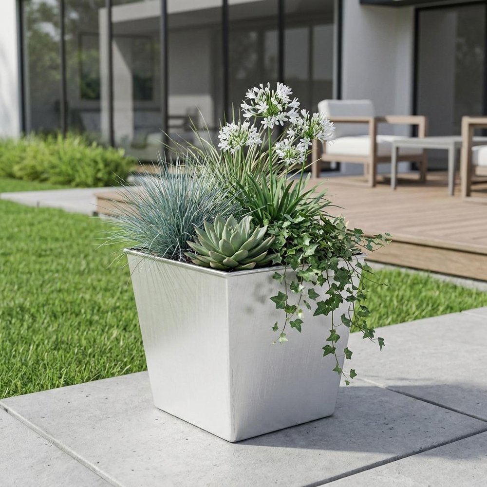 7" Silver Recycled Plastic Indoor Outdoor Square Pot Planter HomeRoots