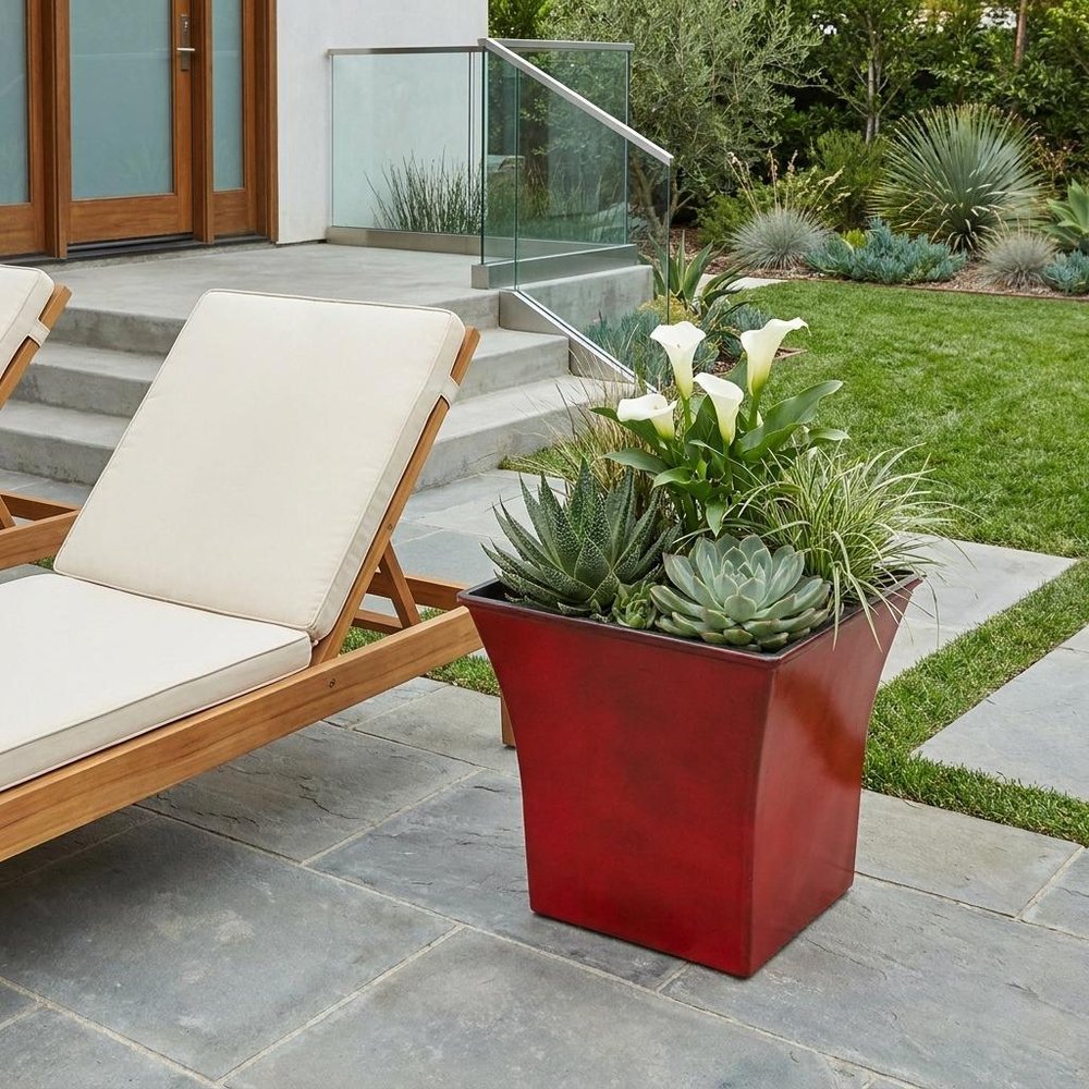 7" Red Recycled Plastic Indoor Outdoor Square Pot Planter HomeRoots
