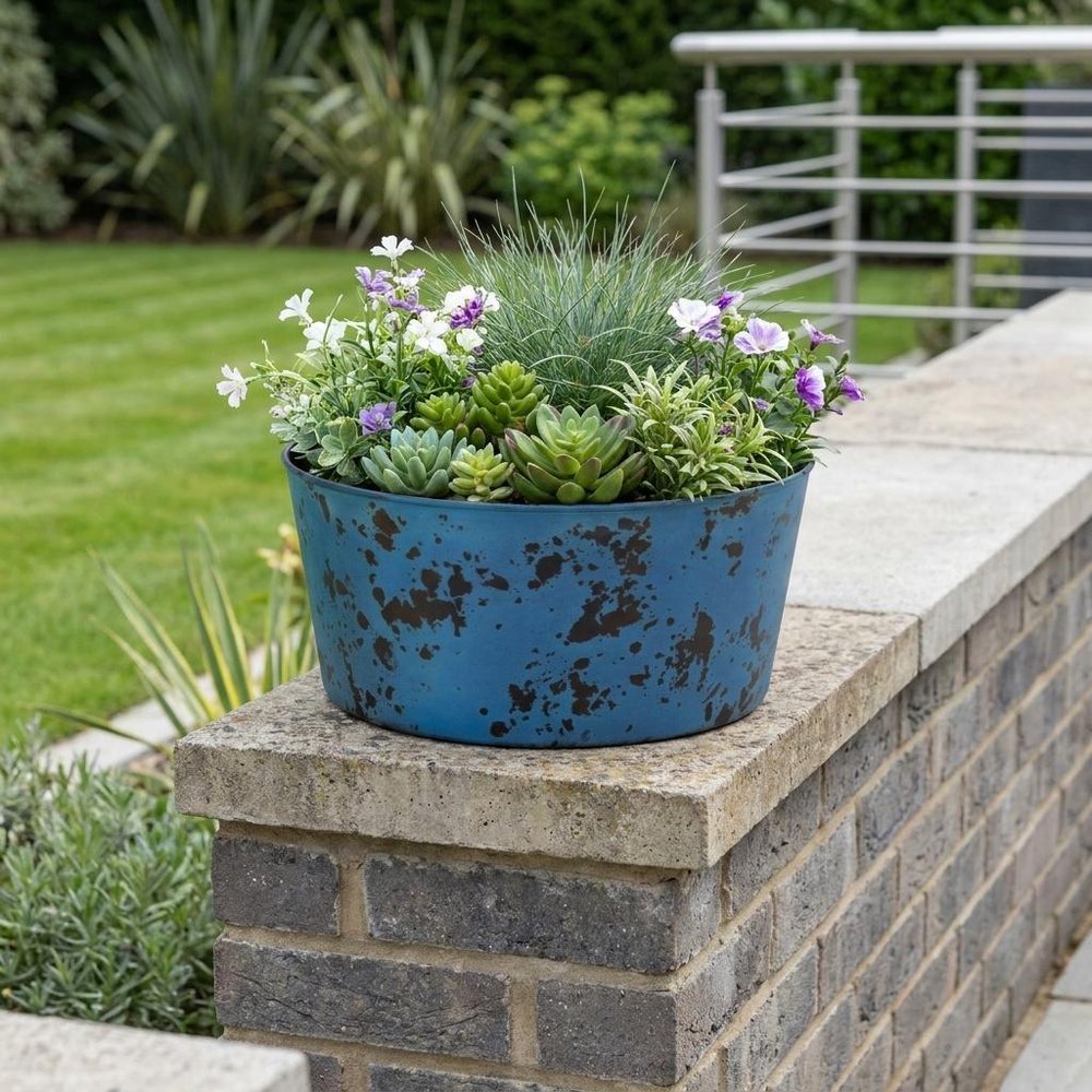 12" Blue Recycled Plastic Indoor Outdoor Round Pot Planter HomeRoots