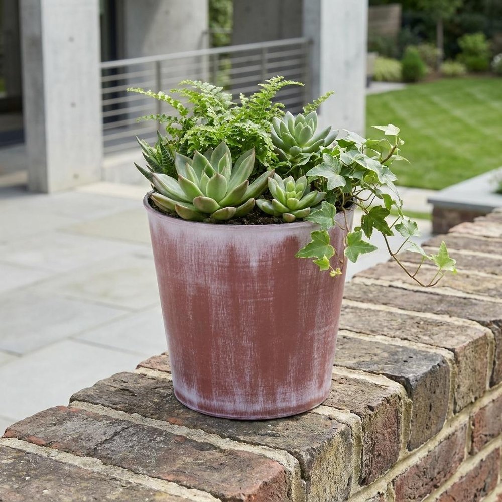 5" Brown and Off White Textural Tone On Tone Recycled Plastic Indoor Outdoor Round Pot Planter HomeRoots