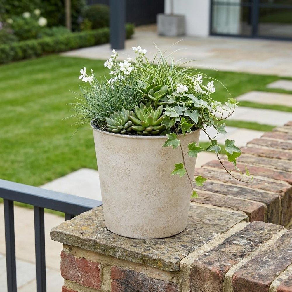 5" Cream Recycled Plastic Indoor Outdoor Round Pot Planter HomeRoots