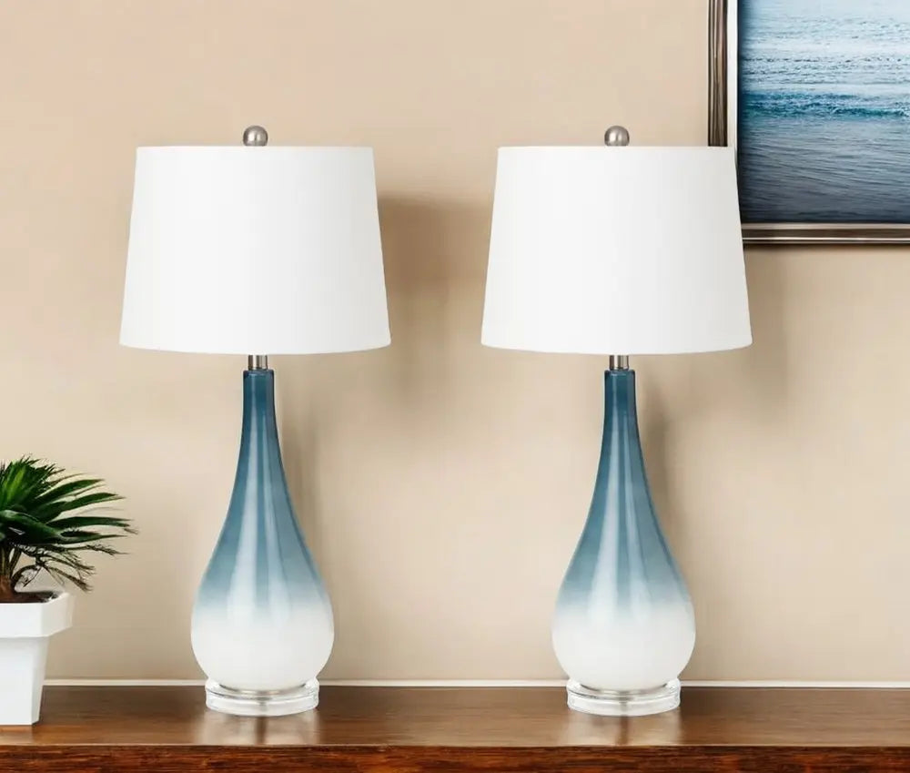 Set of Two 31" Blue and White Glass Table Lamps With White Empire Shade HomeRoots