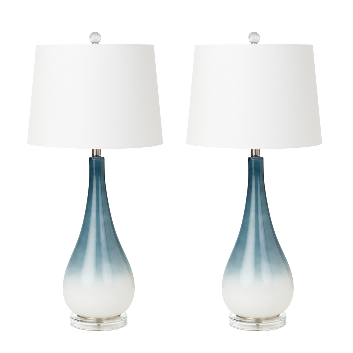 Set of Two 31" Blue and White Glass Table Lamps With White Empire Shade