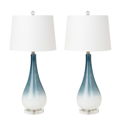 Set of Two 31" Blue and White Glass Table Lamps With White Empire Shade