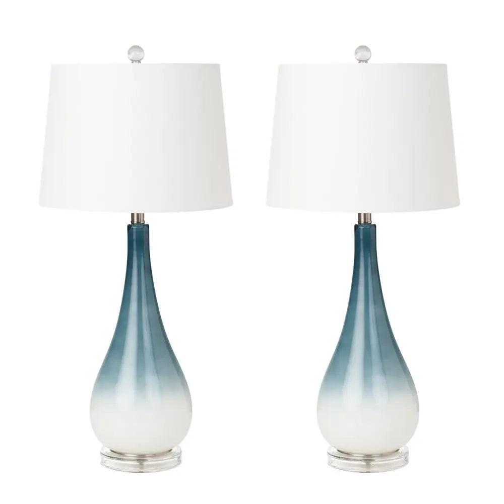Set of Two 31" Blue and White Glass Table Lamps With White Empire Shade HomeRoots