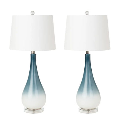 Set of Two 31" Blue and White Glass Table Lamps With White Empire Shade HomeRoots