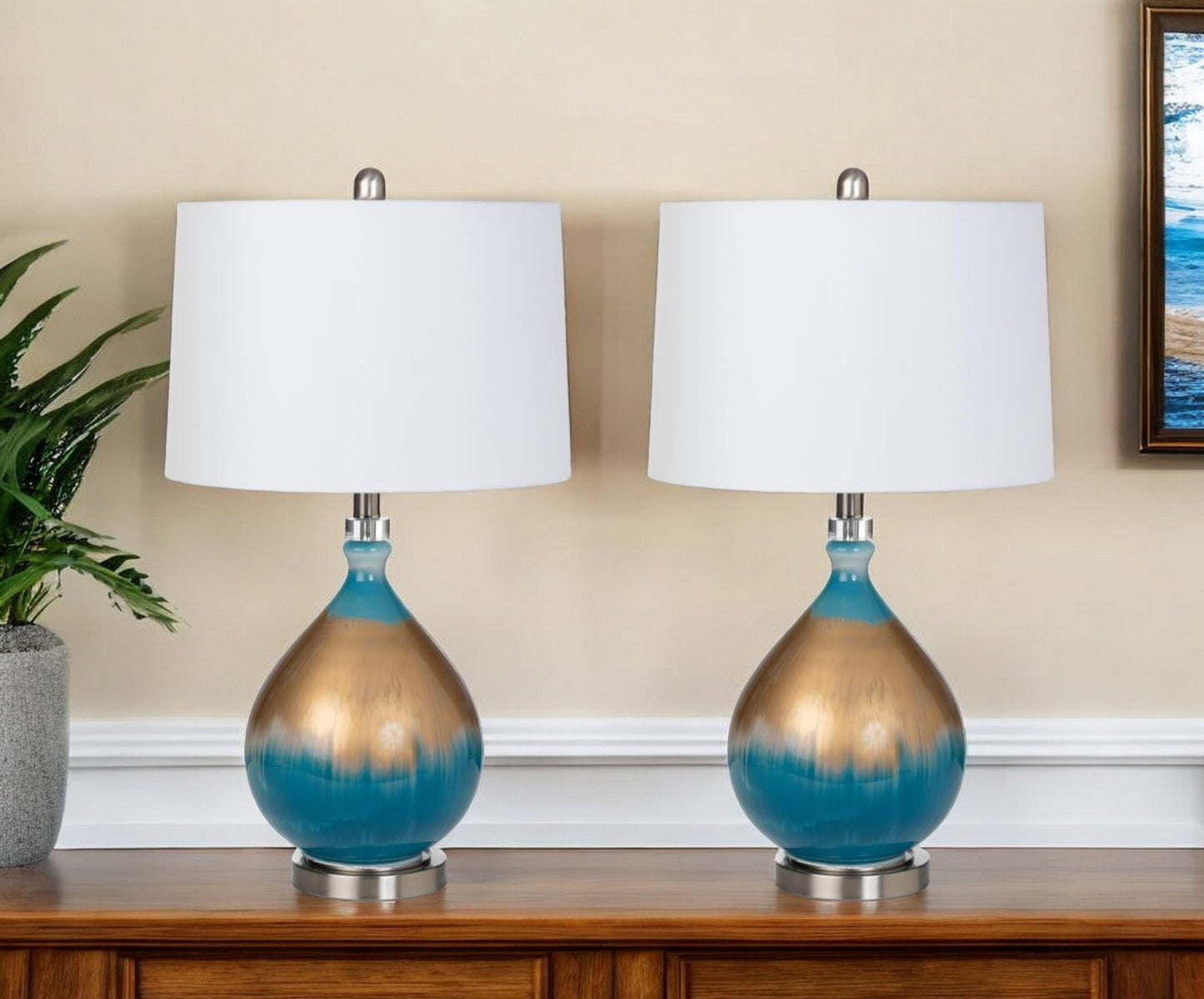 Set of Two 27" Blue and Gold Ombre Glass Table Lamps With White Empire Shade