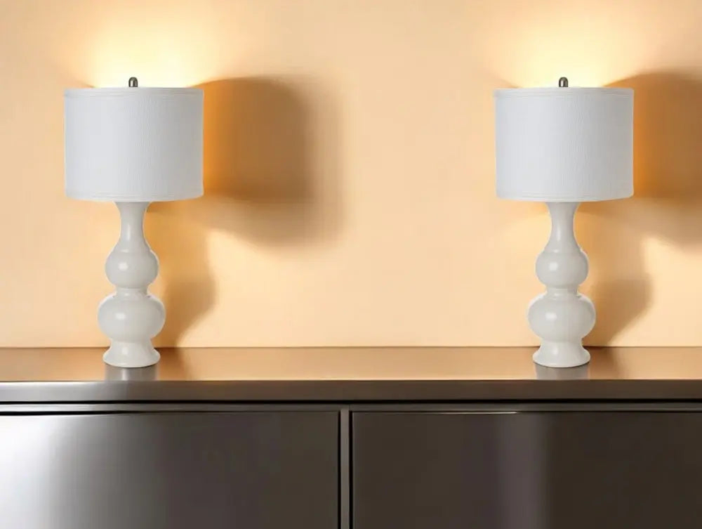Set of Two 34" Off White Ceramic Gourd Table Lamp With Off White Drum Shade HomeRoots