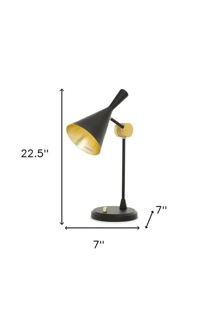 Set of Two 23" Black Metal Geometric Desk Table Lamps With Black and Gold Cone Shade HomeRoots