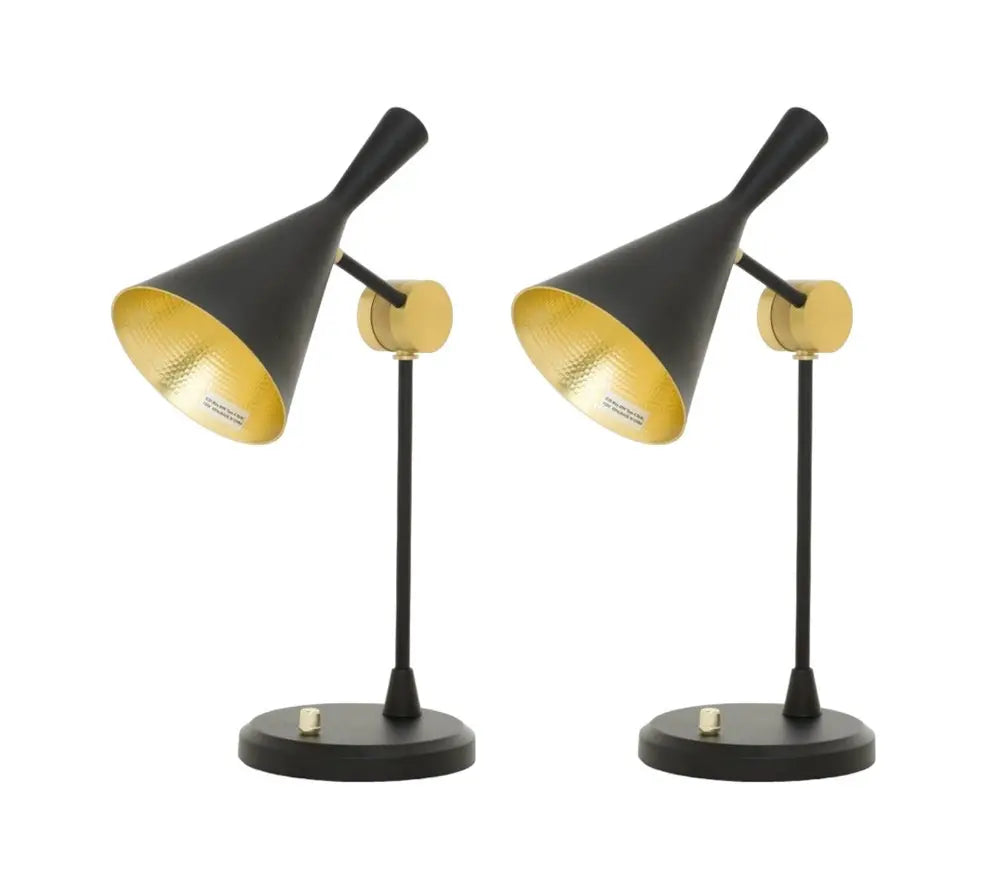 Set of Two 23" Black Metal Geometric Desk Table Lamps With Black and Gold Cone Shade HomeRoots