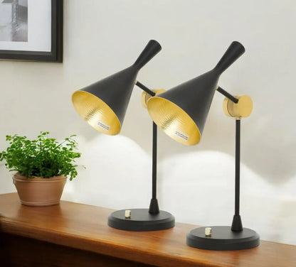 Set of Two 23" Black Metal Geometric Desk Table Lamps With Black and Gold Cone Shade HomeRoots