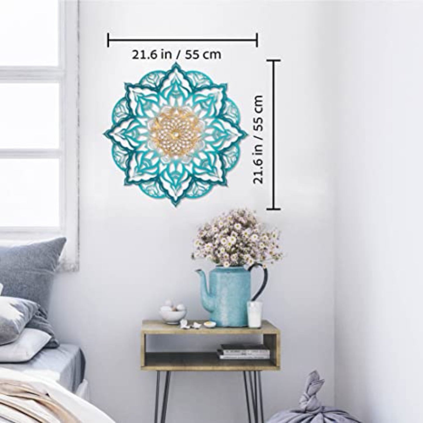 Turquoise And Gold Solid Wood Geometric Mandala Wall Decor