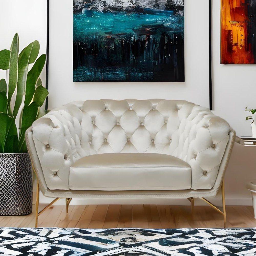49" Beige And Gold Velvet Tufted Arm Chair HomeRoots