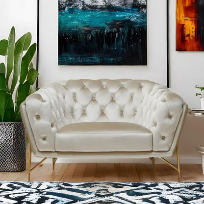 49" Beige And Gold Velvet Tufted Arm Chair HomeRoots