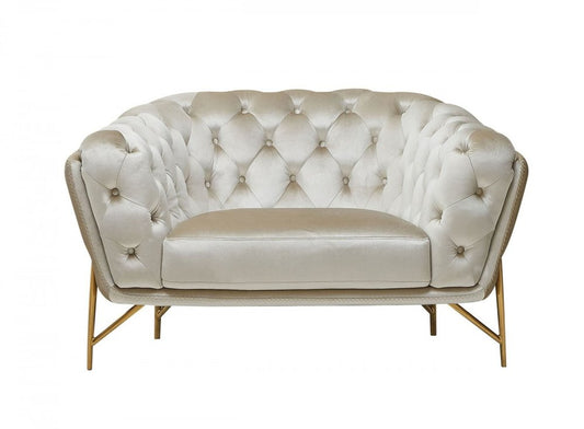 49" Beige And Gold Velvet Tufted Arm Chair HomeRoots