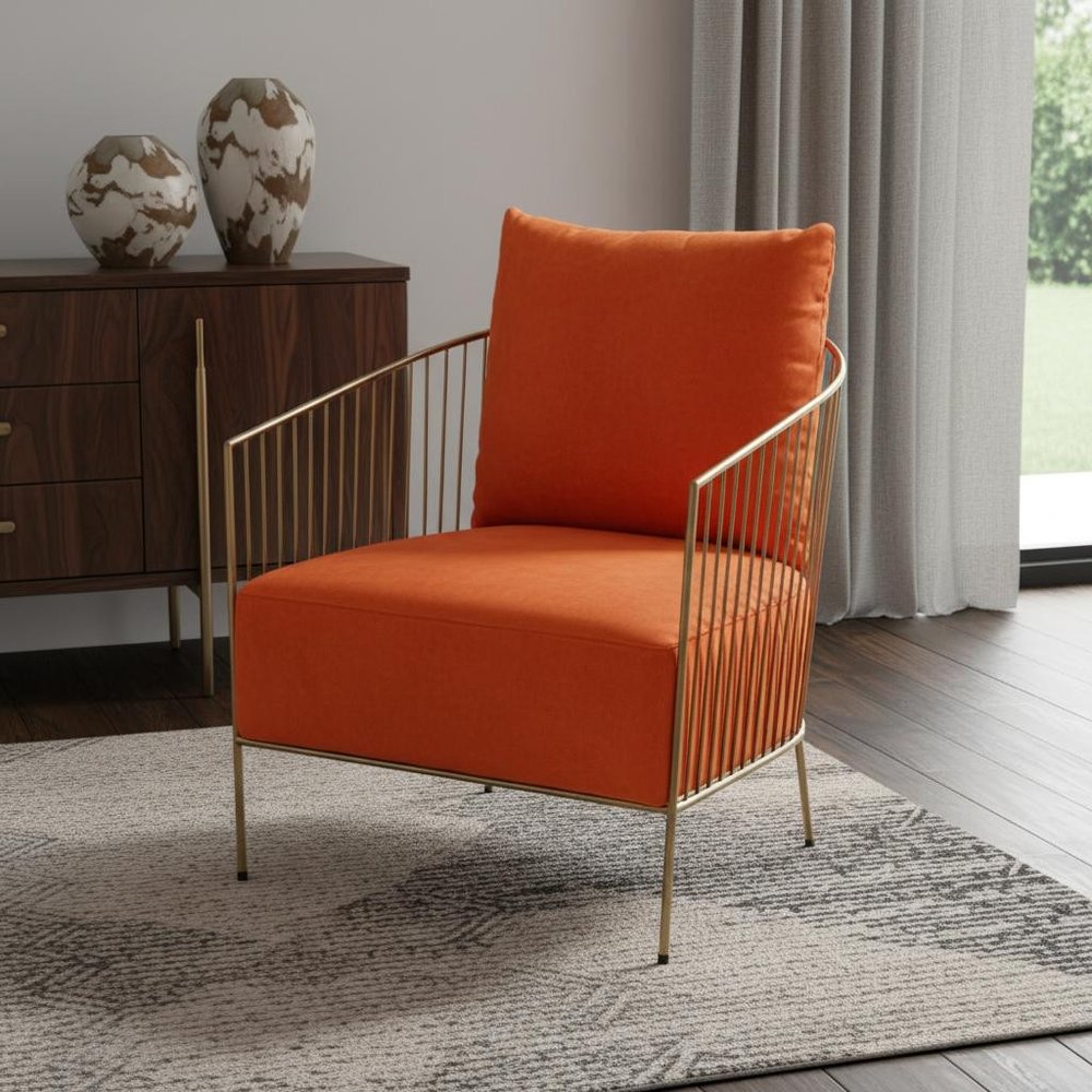 27" Orange And Gold Velvet Arm Chair HomeRoots