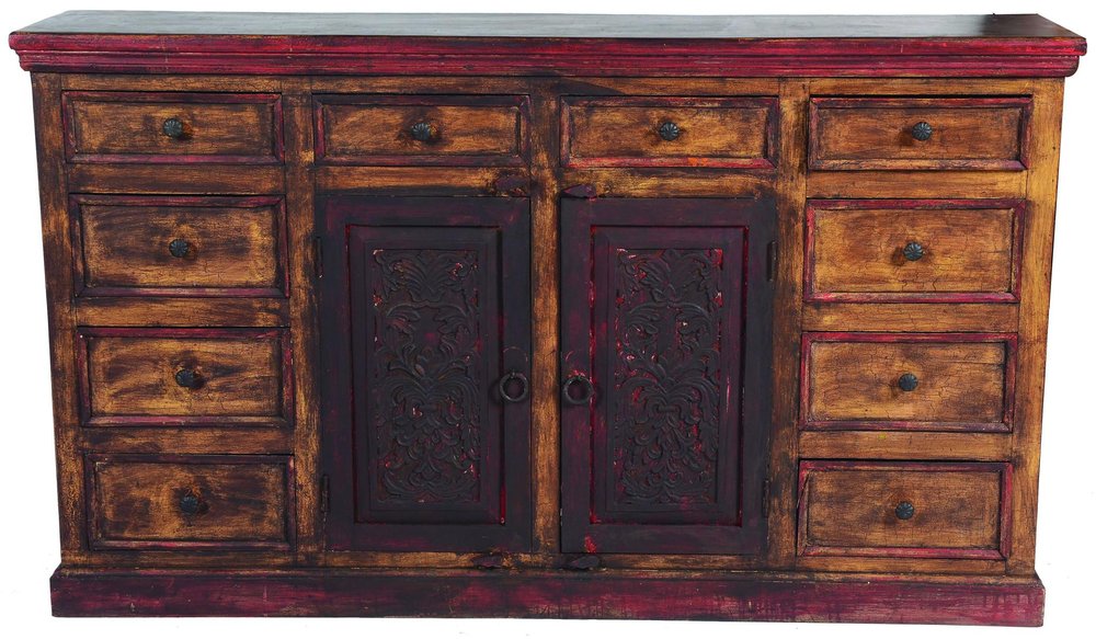 72" Brown And Red Distressed Solid Wood Carved Scrollwork Ten Drawer Buffet Table with Two Doors HomeRoots