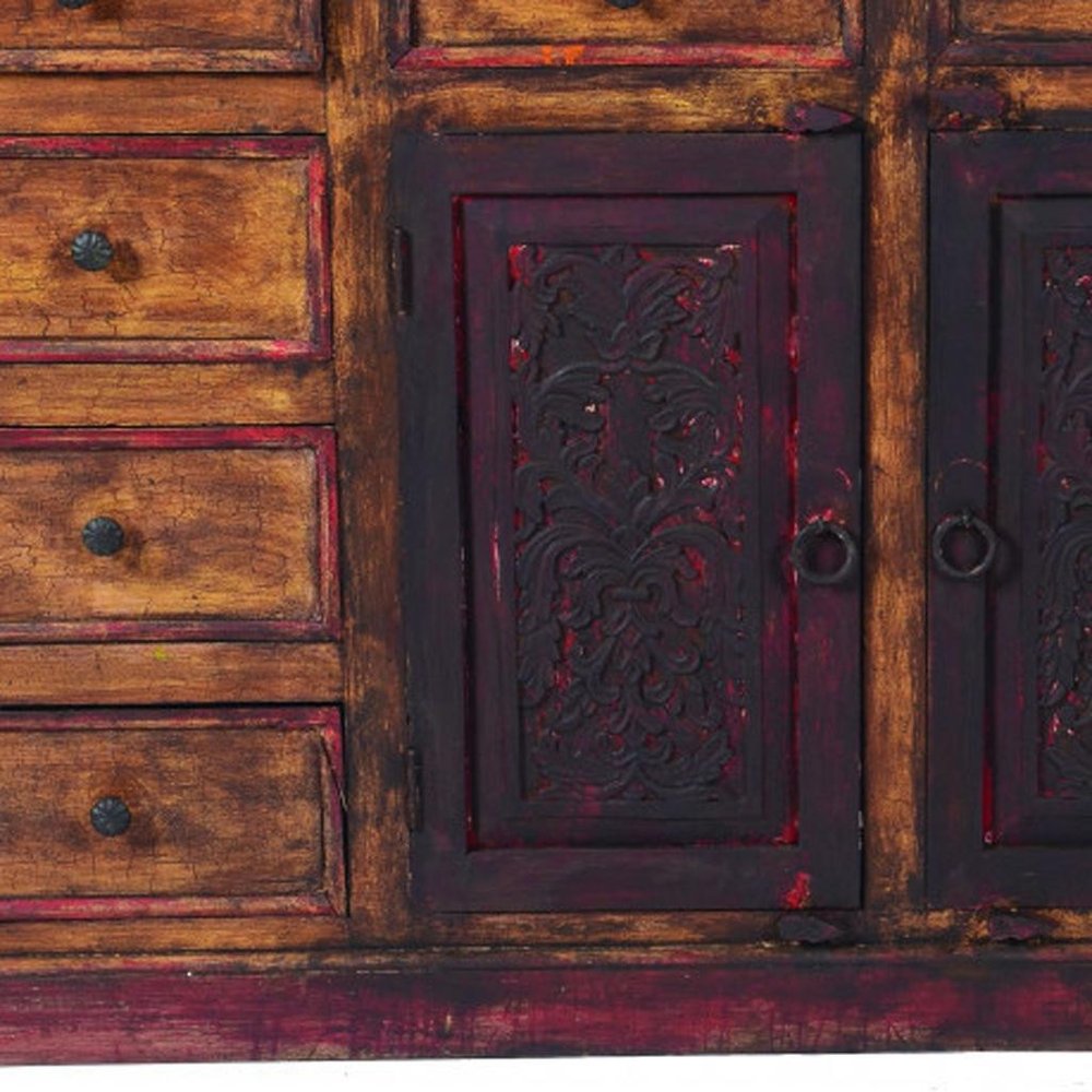 72" Brown And Red Distressed Solid Wood Carved Scrollwork Ten Drawer Buffet Table with Two Doors HomeRoots