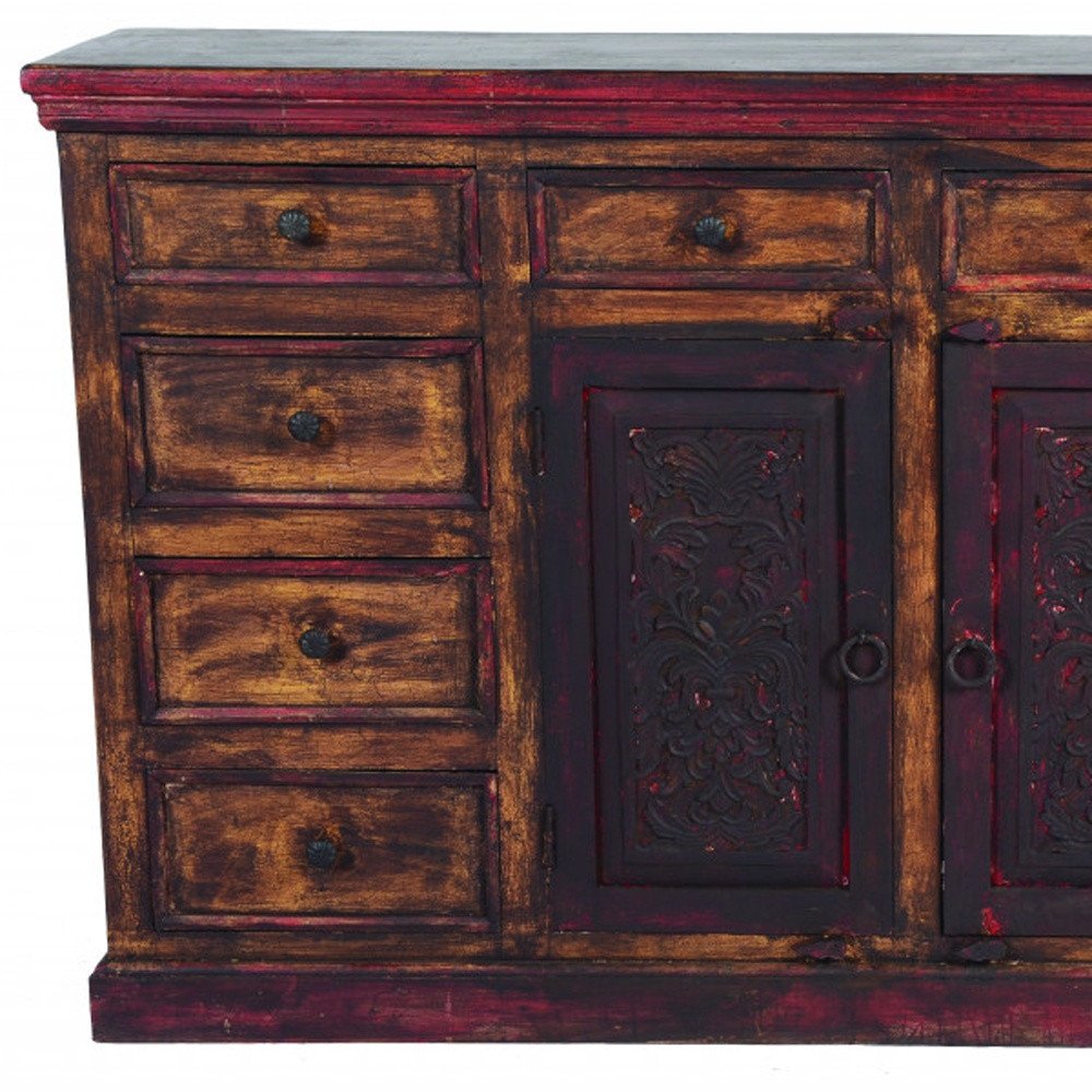72" Brown And Red Distressed Solid Wood Carved Scrollwork Ten Drawer Buffet Table with Two Doors HomeRoots