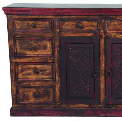 72" Brown And Red Distressed Solid Wood Carved Scrollwork Ten Drawer Buffet Table with Two Doors HomeRoots