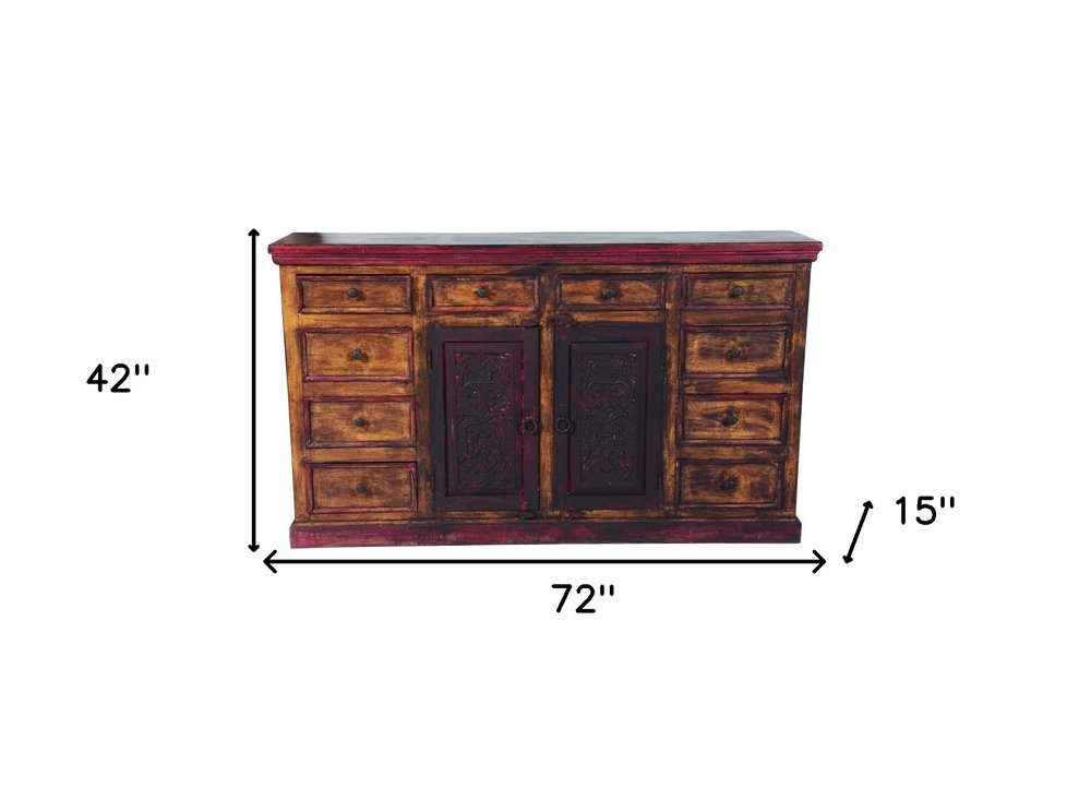 72" Brown And Red Distressed Solid Wood Carved Scrollwork Ten Drawer Buffet Table with Two Doors HomeRoots