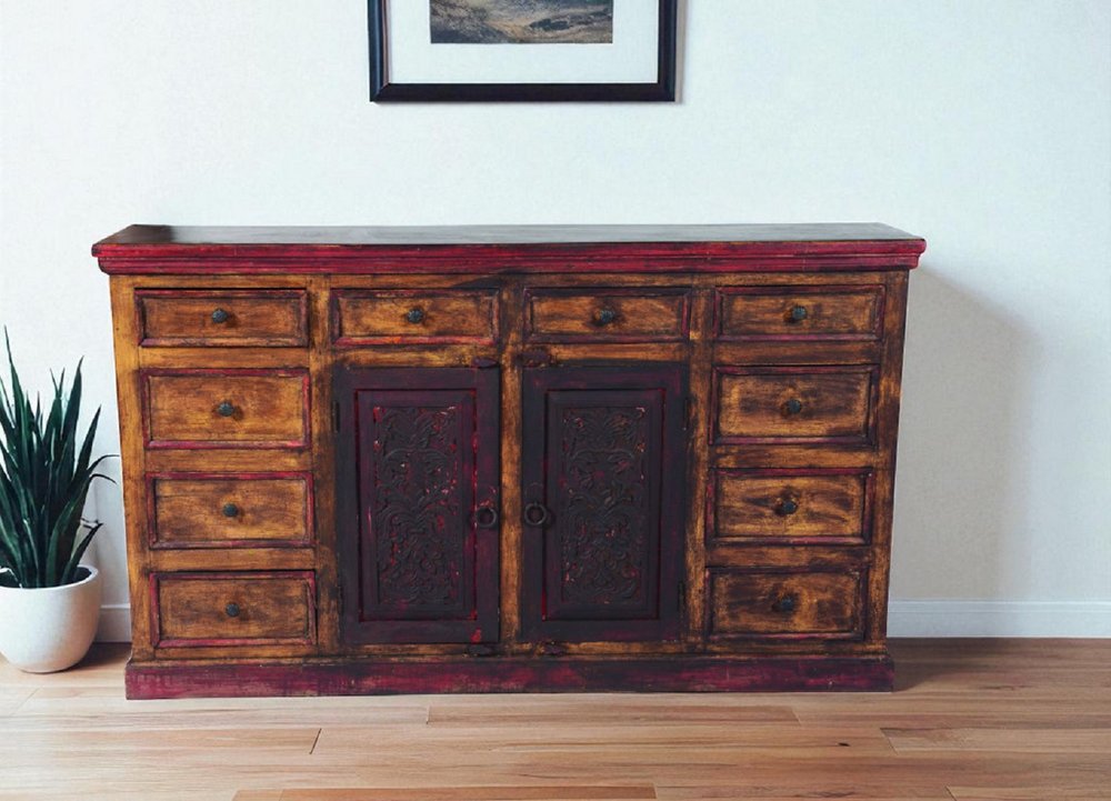 72" Brown And Red Distressed Solid Wood Carved Scrollwork Ten Drawer Buffet Table with Two Doors HomeRoots