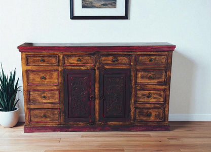72" Brown And Red Distressed Solid Wood Carved Scrollwork Ten Drawer Buffet Table with Two Doors HomeRoots