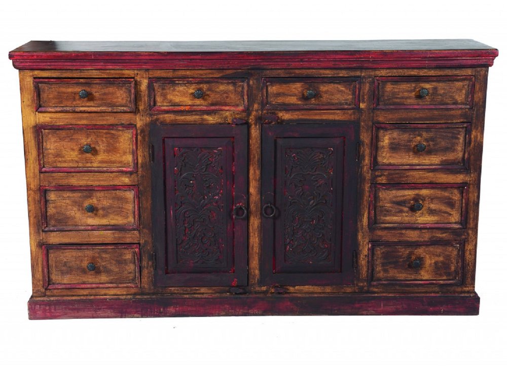 72" Brown And Red Distressed Solid Wood Carved Scrollwork Ten Drawer Buffet Table with Two Doors HomeRoots