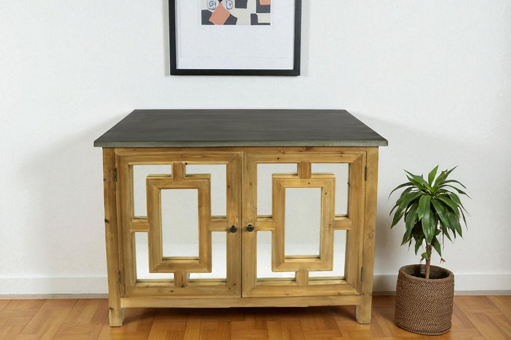 45" Brown And Gray Solid Wood Carved Geometric Sideboard with Two Doors HomeRoots