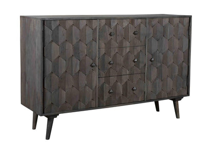 55" Dark Gray Distressed Solid Wood Carved Geometric Three Drawer Sideboard with Two Doors HomeRoots